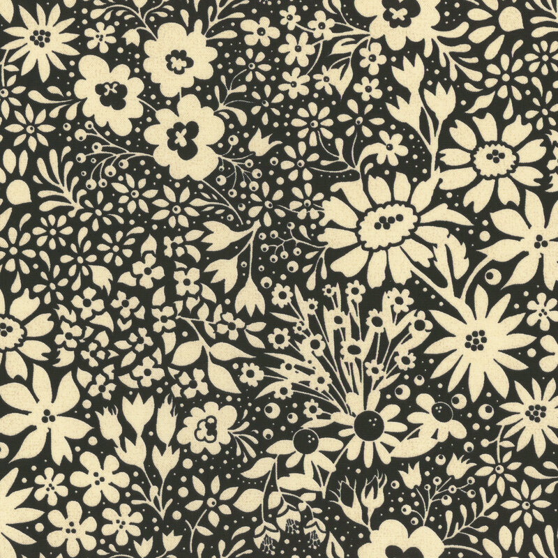 Black fabric with a dense pattern of stylized floral silhouettes in cream.