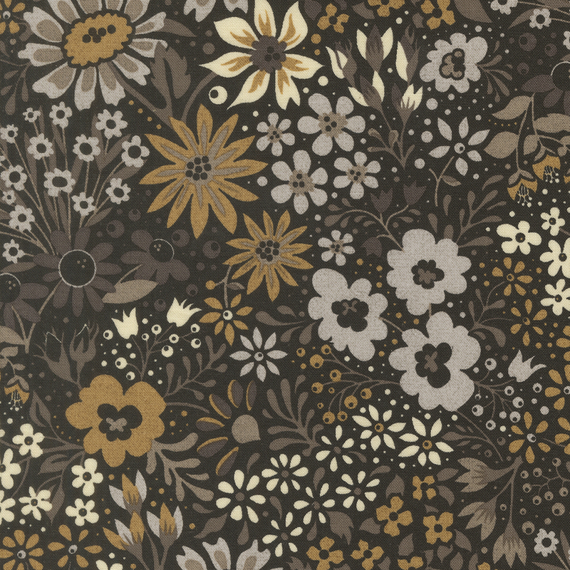 Black fabric with a dense pattern of stylized florals in tonal brown, ocher, and cream.