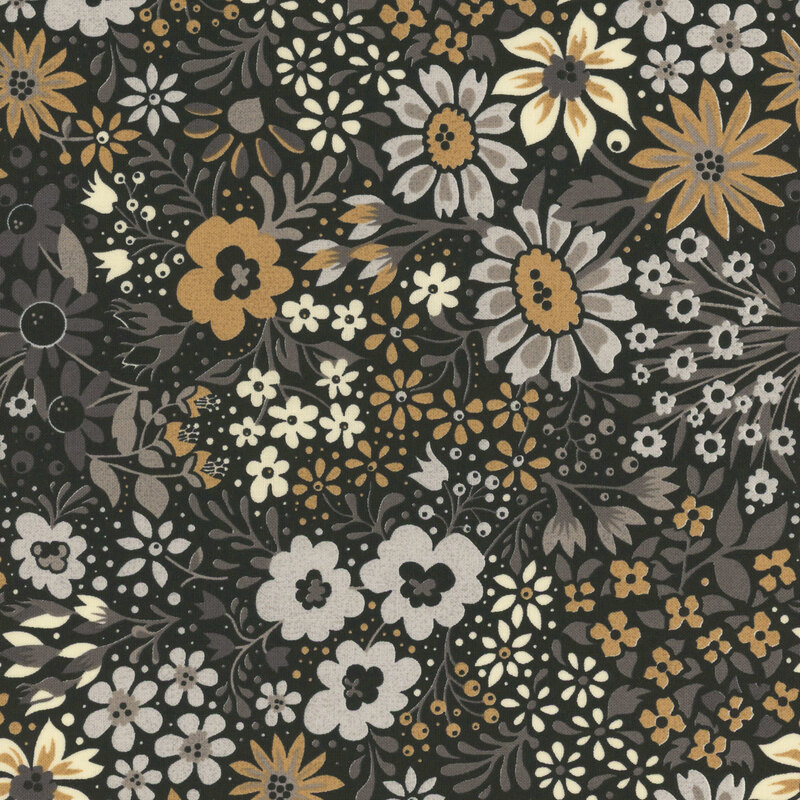 Black fabric with a dense pattern of stylized florals in tonal brown, ocher, and cream.
