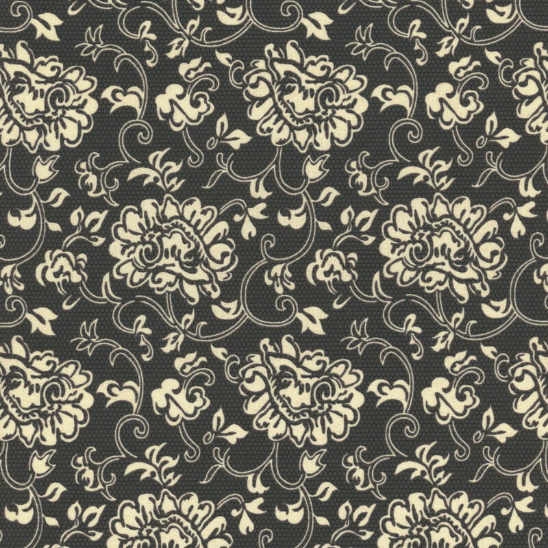 Dainty floral lace pattern in cream on a tonal black and gray halftone background.