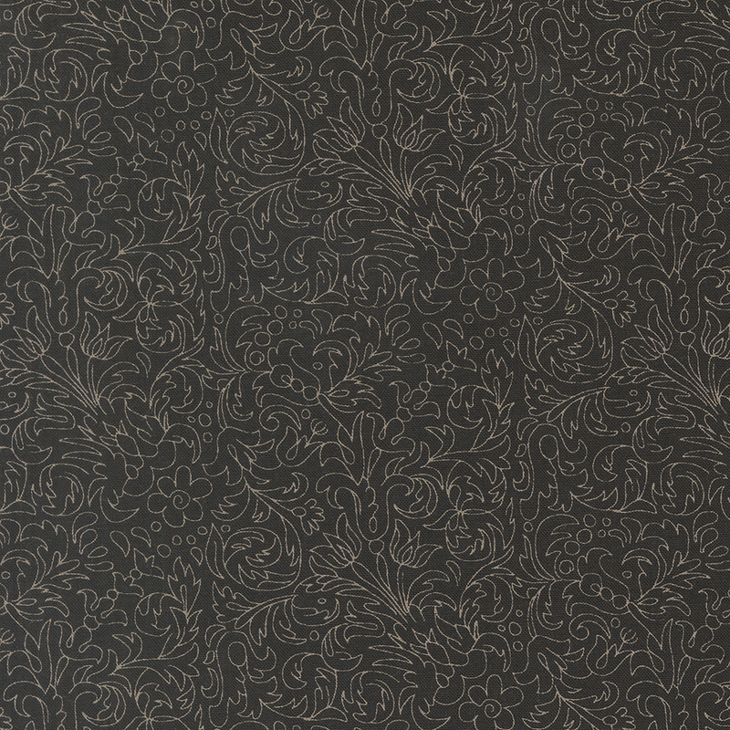 Black fabric with a thin-lined floral scrolling design in black.