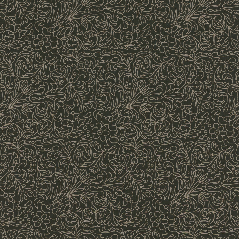 Black fabric with a thin-lined floral scrolling design in black.