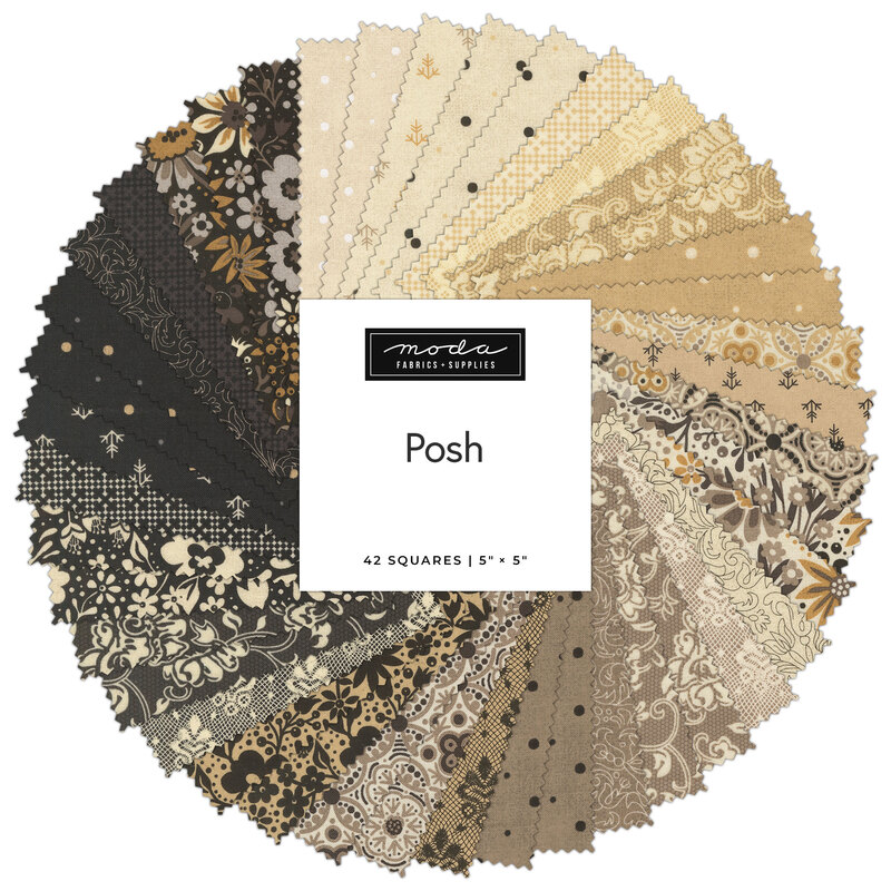 Collage of all the cream, brown, tan, gray, and black fabrics featured in the Posh Charm Pack by Moda Fabrics.
