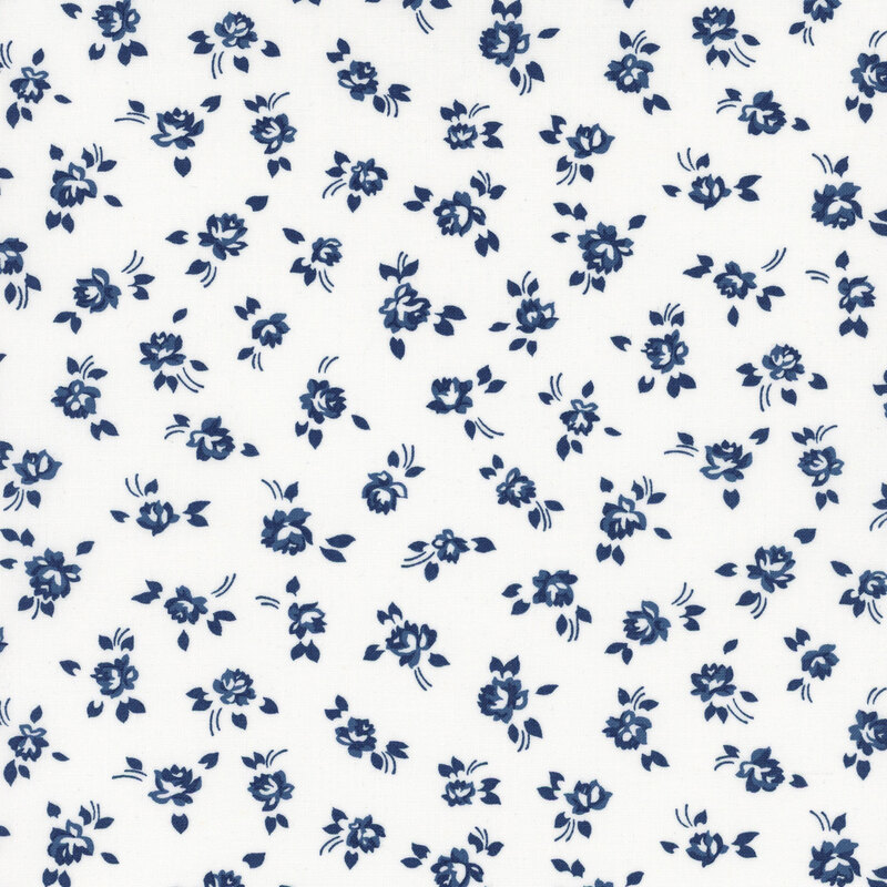 White fabric with small navy tossed florals.