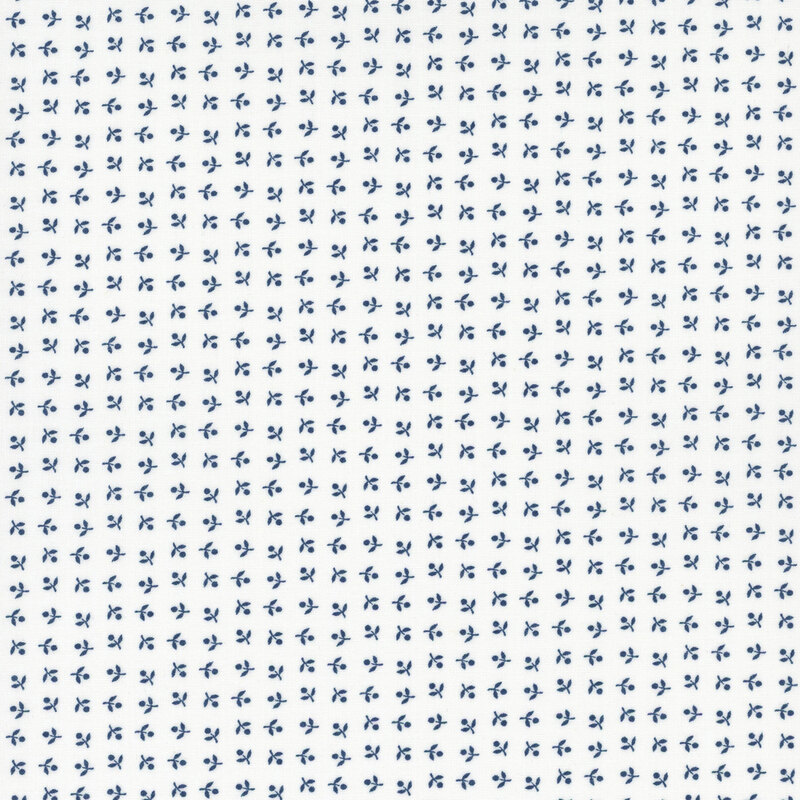 White fabric with neat rows of navy, ditsy simplified florals.