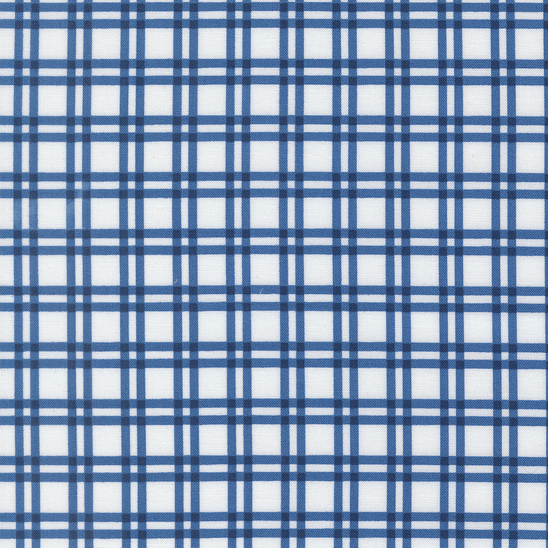 White fabric with a navy plaid pattern.