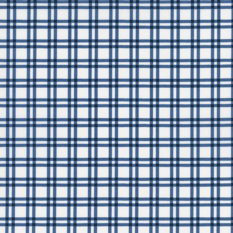 White fabric with a navy plaid pattern.