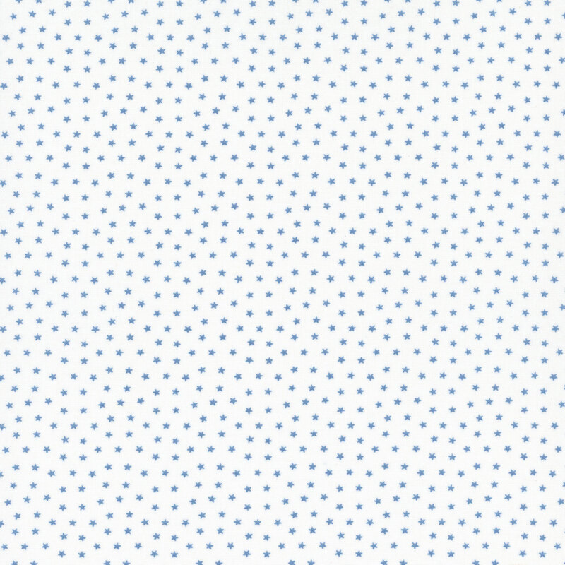 White fabric with tiny scattered sky blue stars.