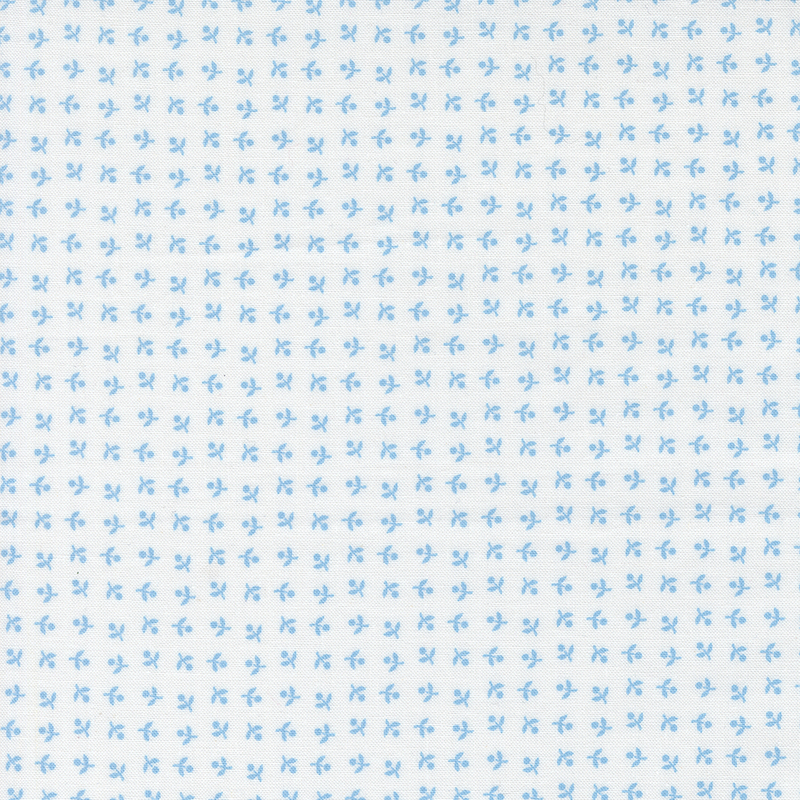 White fabric with neat rows of sky blue, ditsy simplified florals.