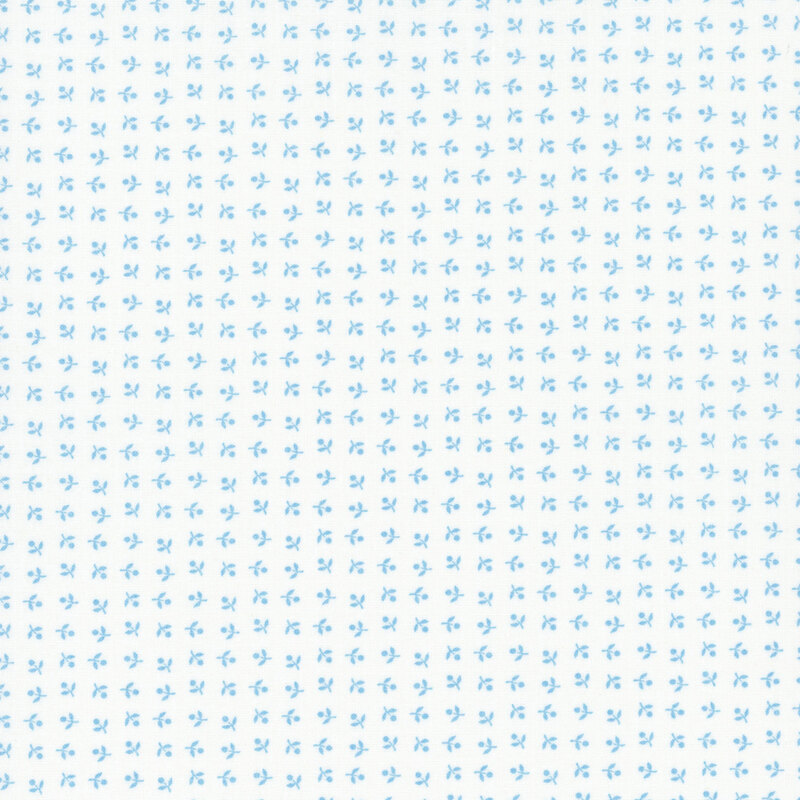 White fabric with neat rows of sky blue, ditsy simplified florals.