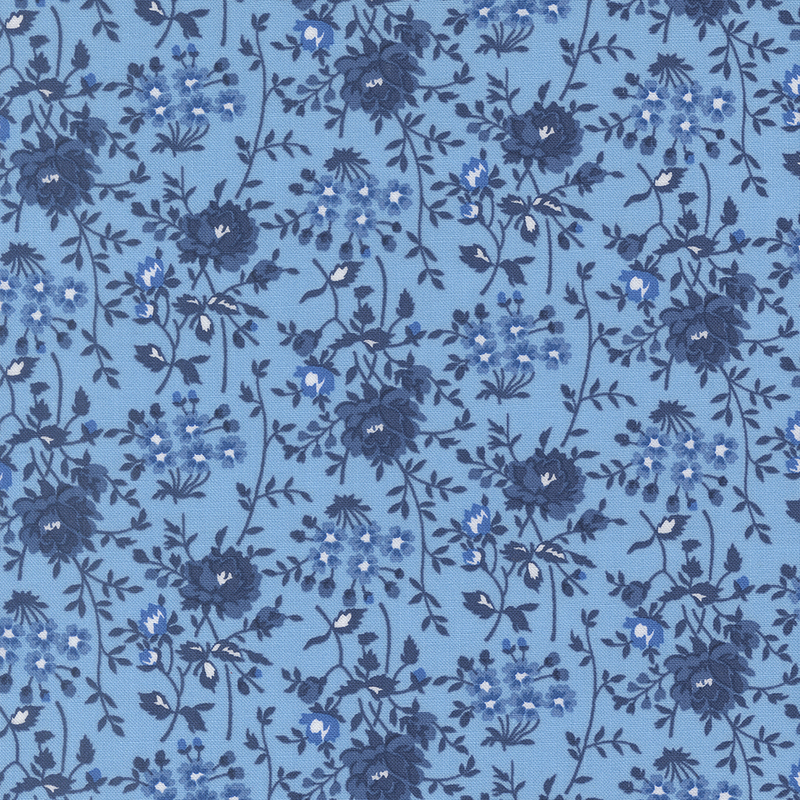 Light blue fabric with navy and light blue florals with sprawling navy stems.