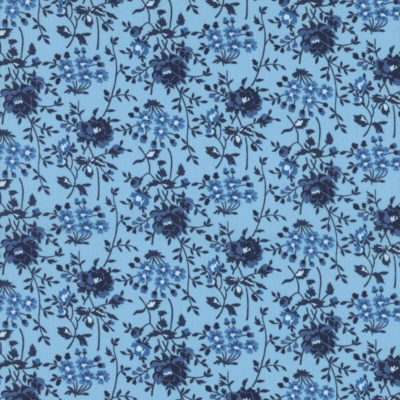 Light blue fabric with navy and light blue florals with sprawling navy stems.