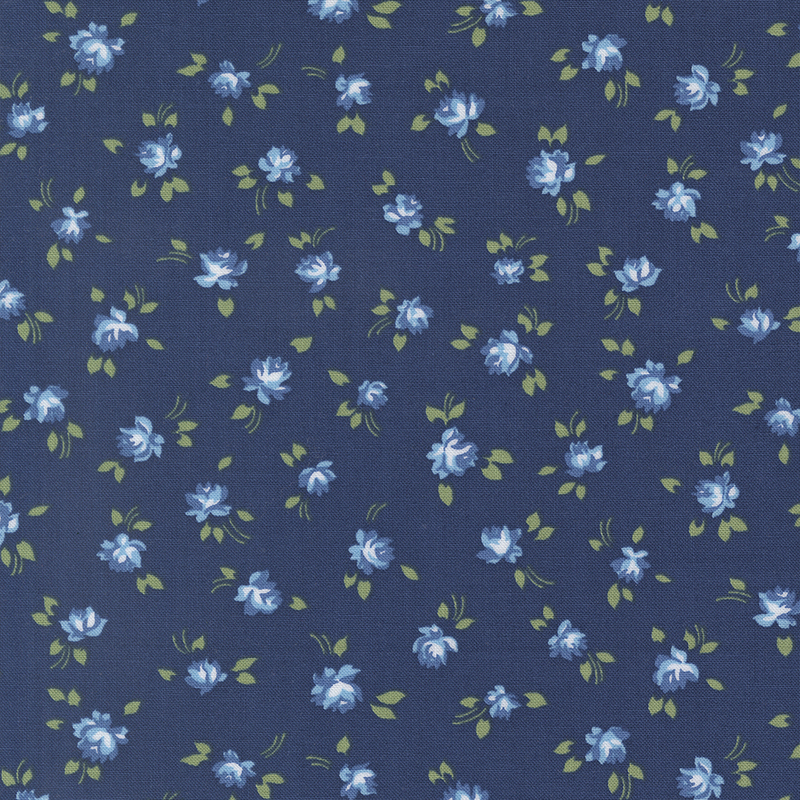 Navy blue fabric with small blue tossed florals.