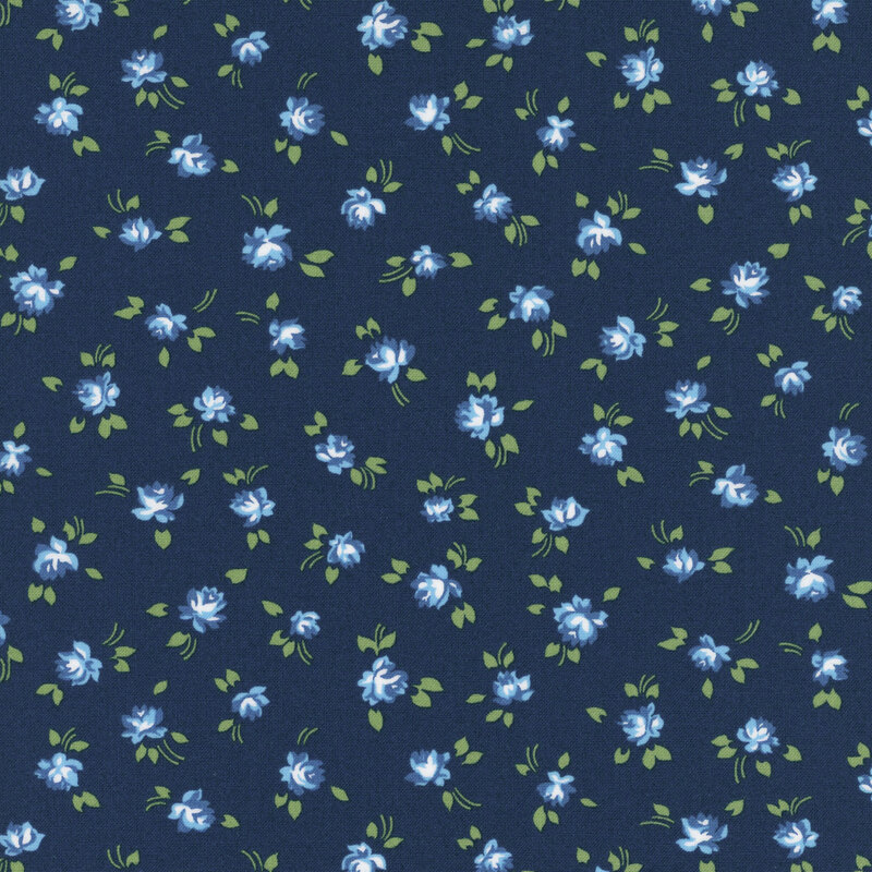 Navy blue fabric with small blue tossed florals.