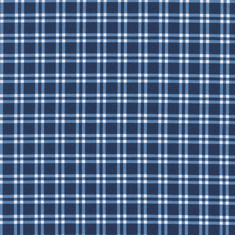 Navy fabric with a white and lighter blue plaid pattern.