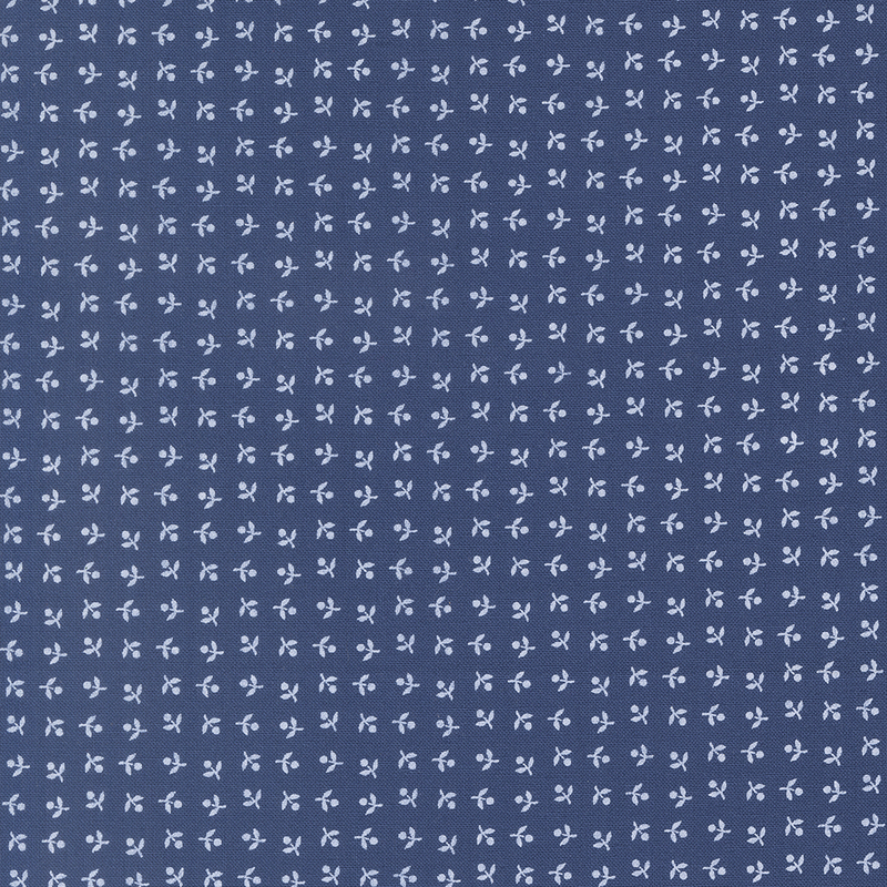 Navy fabric with neat rows of white, ditsy simplified florals.