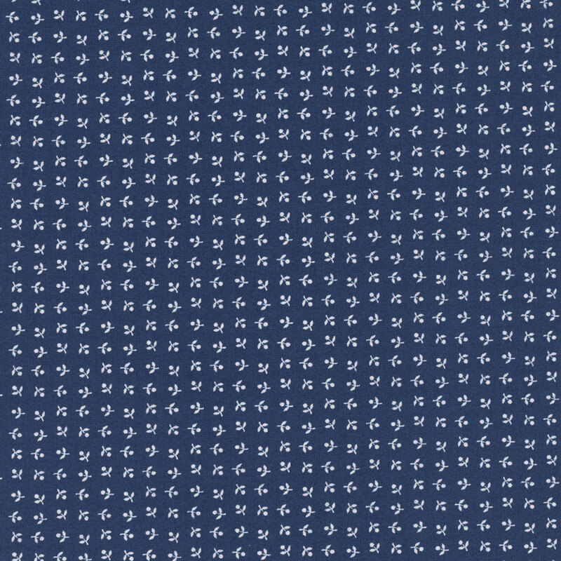 Navy fabric with neat rows of white, ditsy simplified florals.