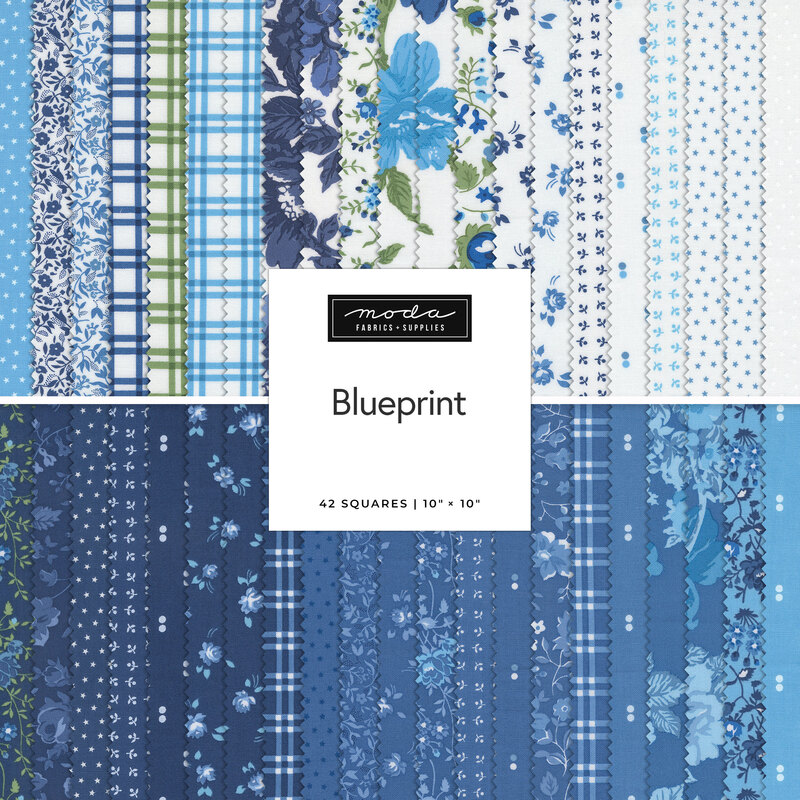 A collection of blue fabric squares with floral and patterned designs, labeled Blueprint.