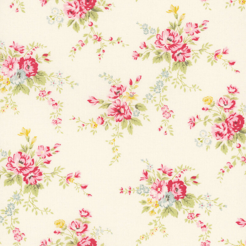 Cream fabric with tossed vintage pink rose bouquets with green leaves and yellow and blue floral accents.