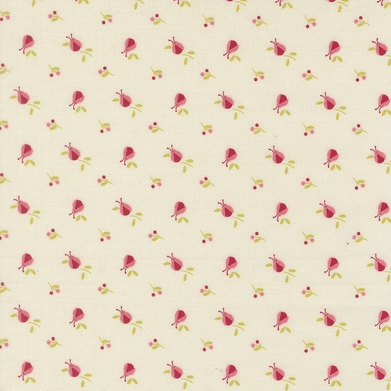 Cream fabric with a ditsy ladybug and sprig pattern in pink, red, and tonal yellow.