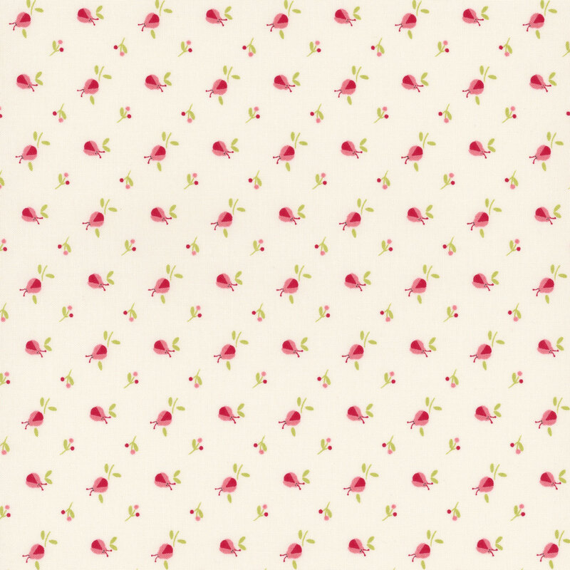 Cream fabric with a ditsy ladybug and sprig pattern in pink, red, and tonal yellow.