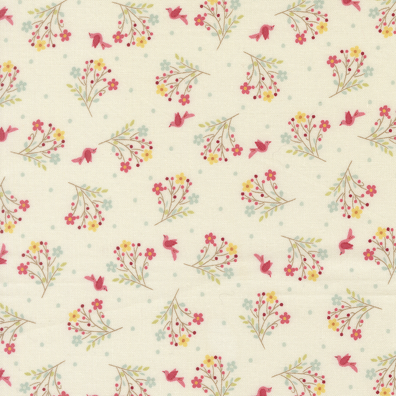 Cream fabric with blue polka dots, red birds, and tossed floral bouquets.