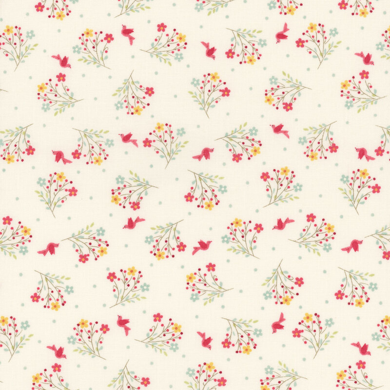 Cream fabric with blue polka dots, red birds, and tossed floral bouquets.