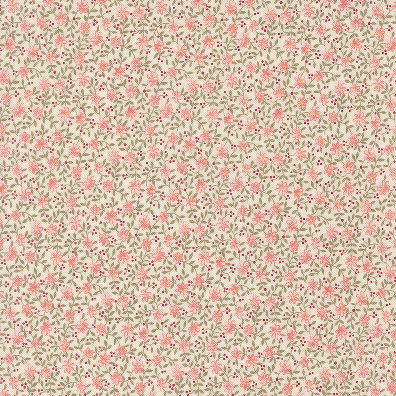 Cream fabric with a pink, red, and brown dense floral and leaf design.