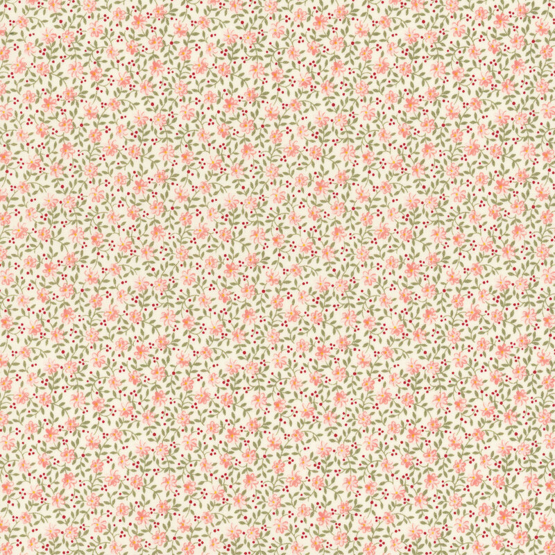 Cream fabric with a pink, red, and brown dense floral and leaf design.