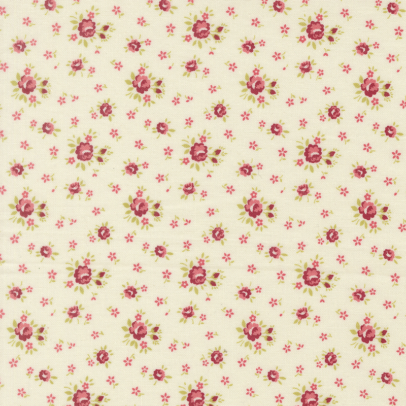 Cream fabric with tossed pink mini flowers and small red roses.