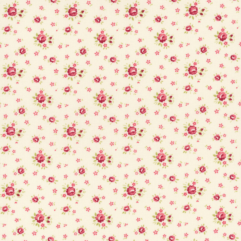 Cream fabric with tossed pink mini flowers and small red roses.