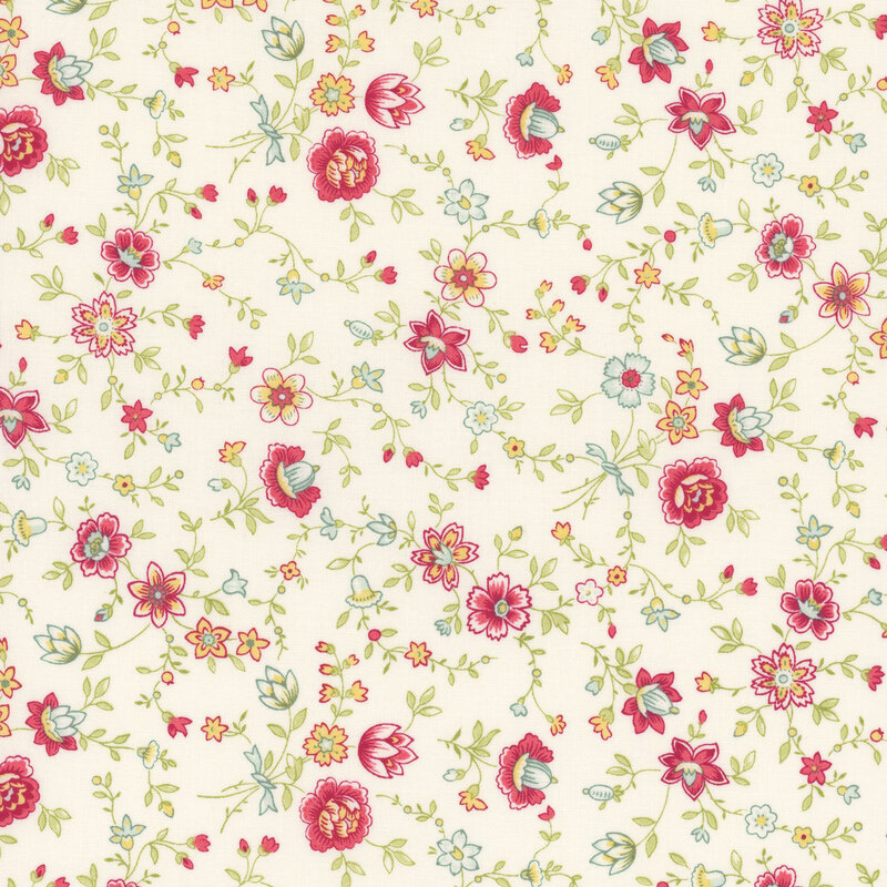 Cream fabric with vining pink, yellow, and blue florals.