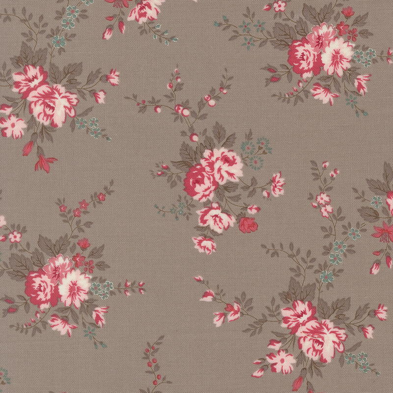 Warm gray fabric with tossed vintage pink rose bouquets with tonal leaves and blue floral accents.