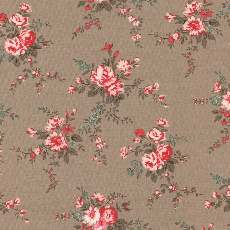 Warm gray fabric with tossed vintage pink rose bouquets with tonal leaves and blue floral accents.
