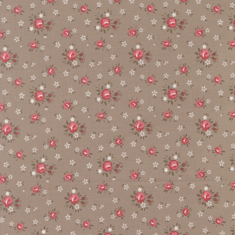 Warm gray fabric with tossed tonal and pink roses.