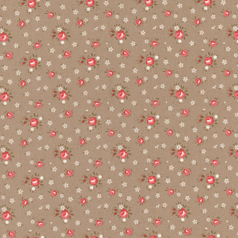 Warm gray fabric with tossed tonal and pink roses.
