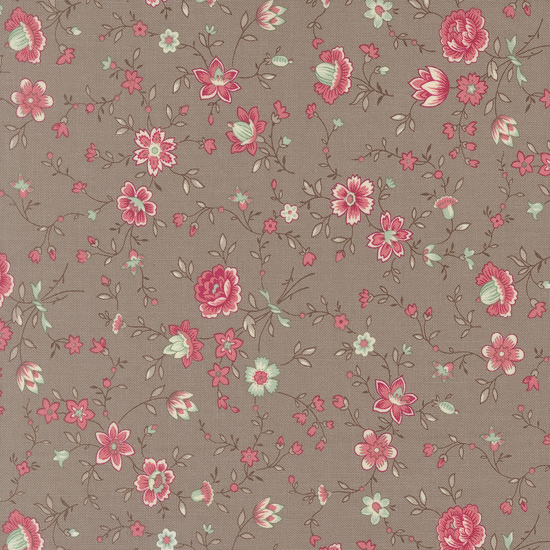 Warm gray fabric with vining pink and blue florals.