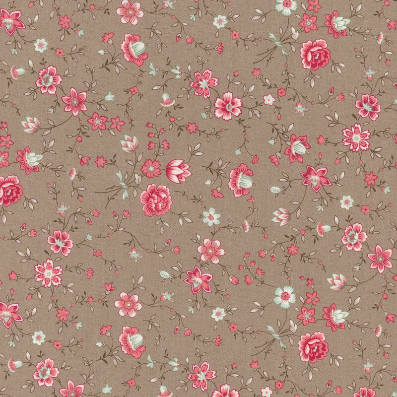 Warm gray fabric with vining pink and blue florals.