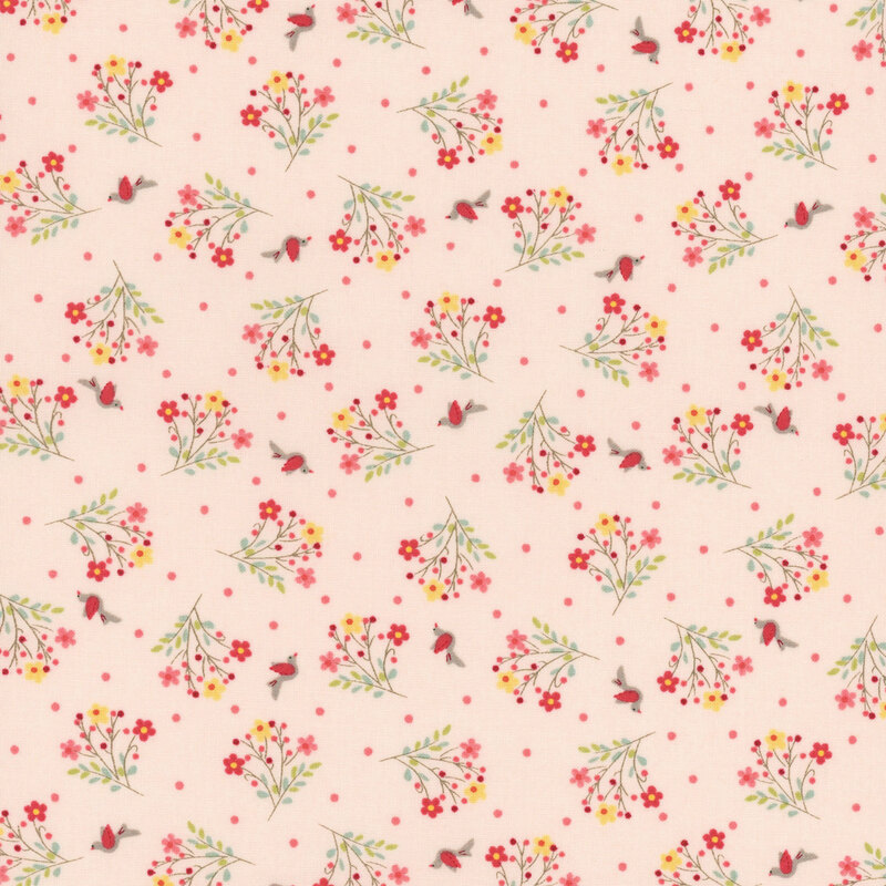 Baby pink fabric with tonal polka dots, red birds, and tossed floral bouquets.