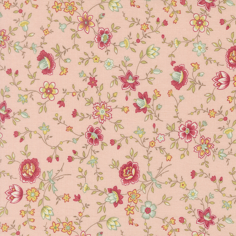 Light pink fabric with vining pink, yellow, and blue florals.