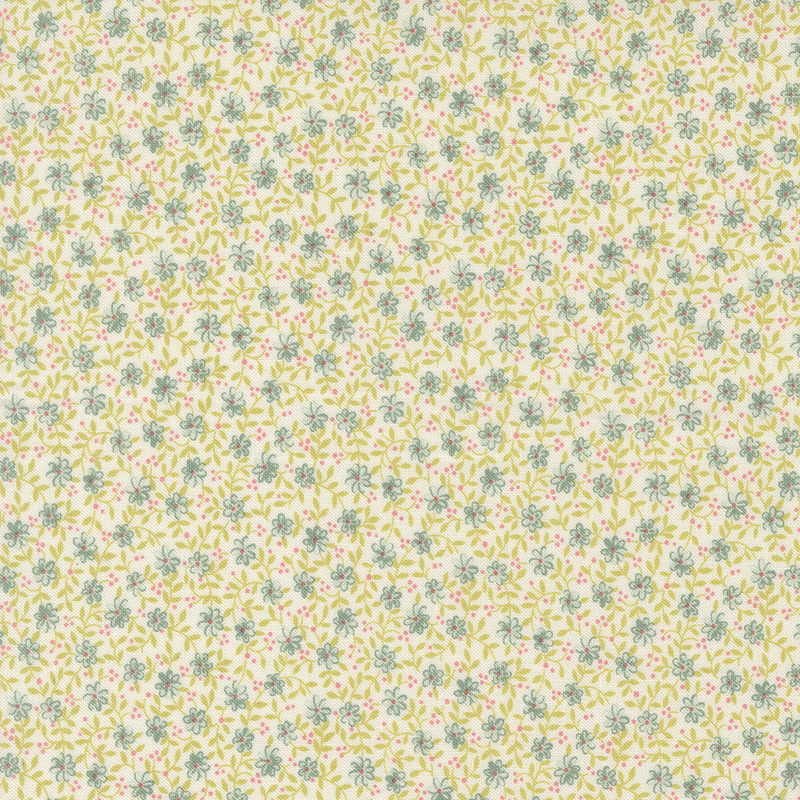Cream fabric with a blue, yellow, and pink dense floral and leaf design.