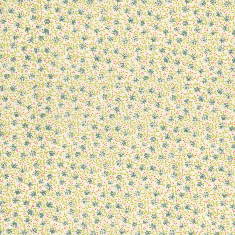 Cream fabric with a blue, yellow, and pink dense floral and leaf design.