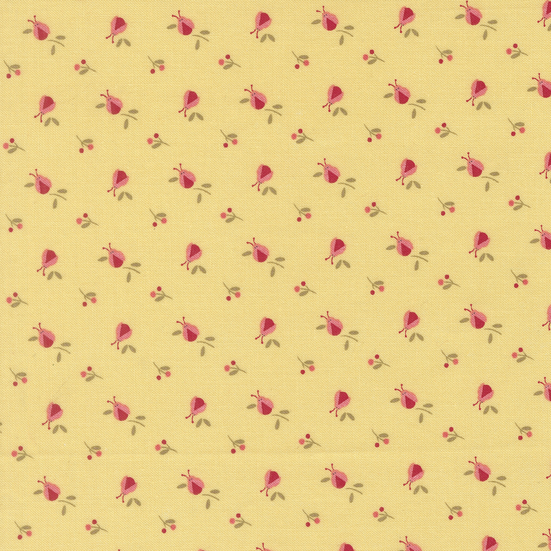 Yellow fabric with a ditsy ladybug and sprig pattern in pink, red, and tonal brown.