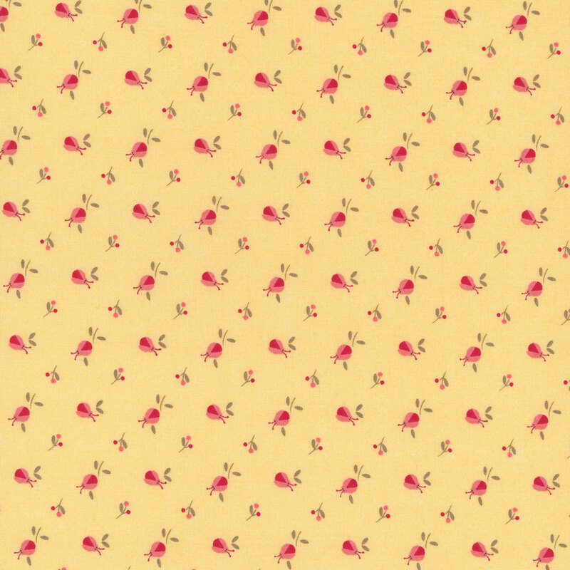 Yellow fabric with a ditsy ladybug and sprig pattern in pink, red, and tonal brown.