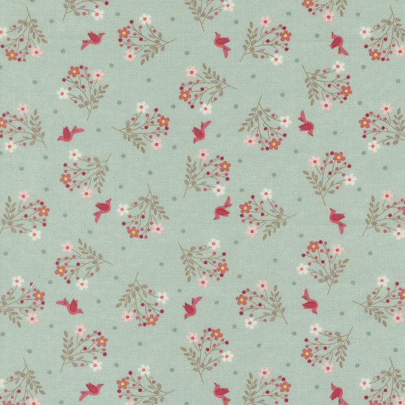 Teal blue fabric with tonal polka dots, red birds, and tossed floral bouquets.