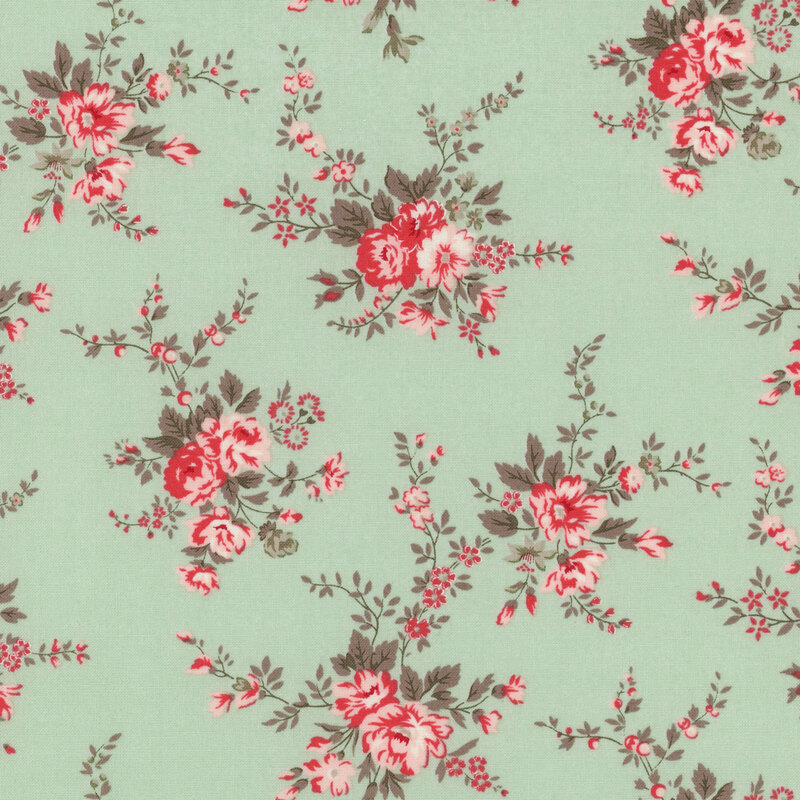 Teal blue fabric with tossed vintage pink rose bouquets with gray leaves and red floral accents.