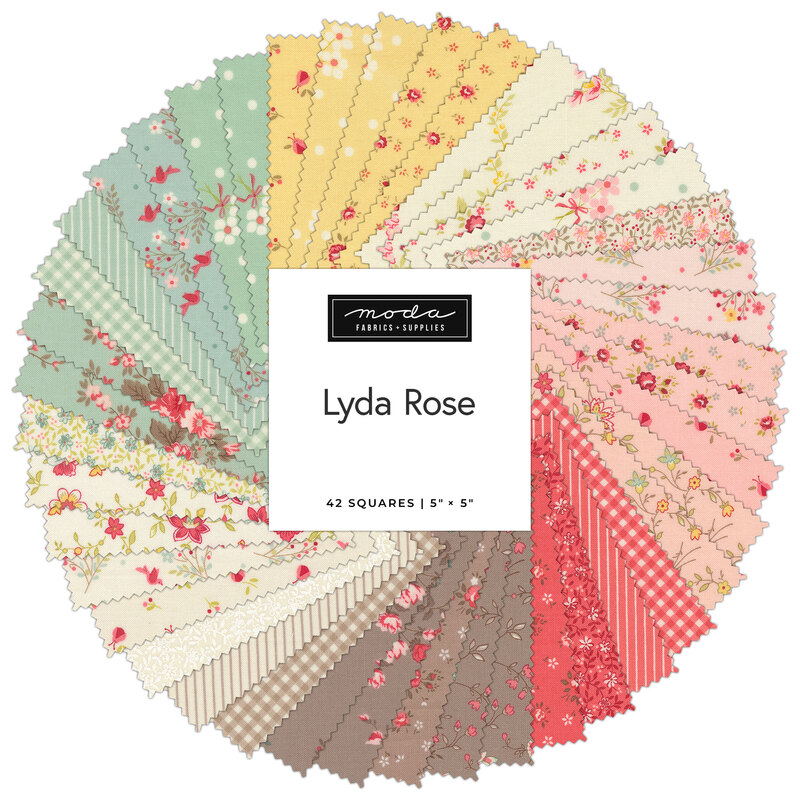 Collage of fabrics in the Charm Pack featuring floral prints in various colors.