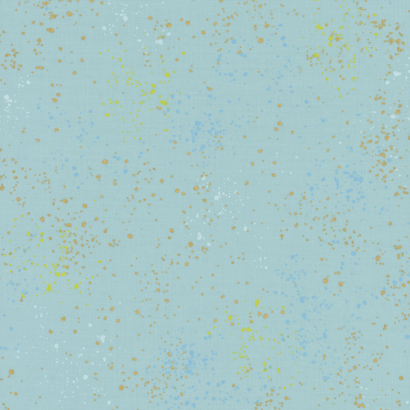 Powder blue fabric featuring varying shades of orange and gold metallic speckles throughout.