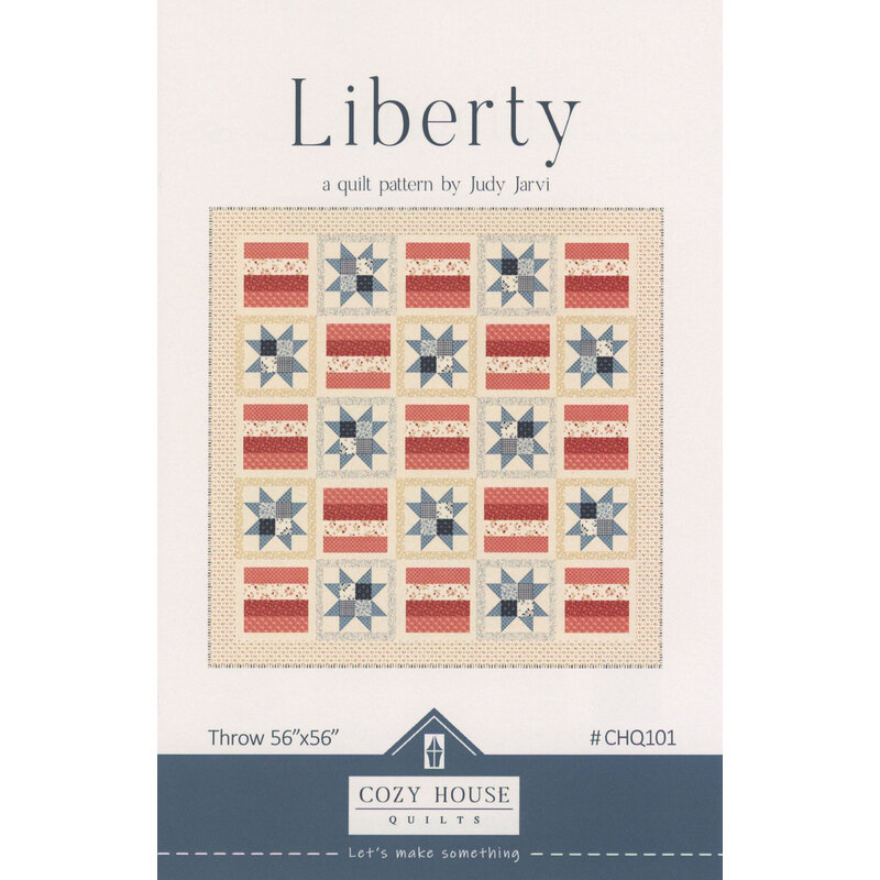 Quilt pattern titled Liberty by Judy Jarvi featuring stars and stripes in red, white, and blue.