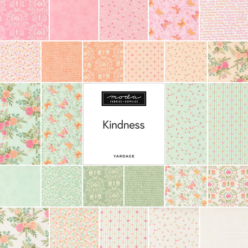 A collage of all the fabrics featured throughout the Kindness collection by Deb Strain for Moda Fabrics.